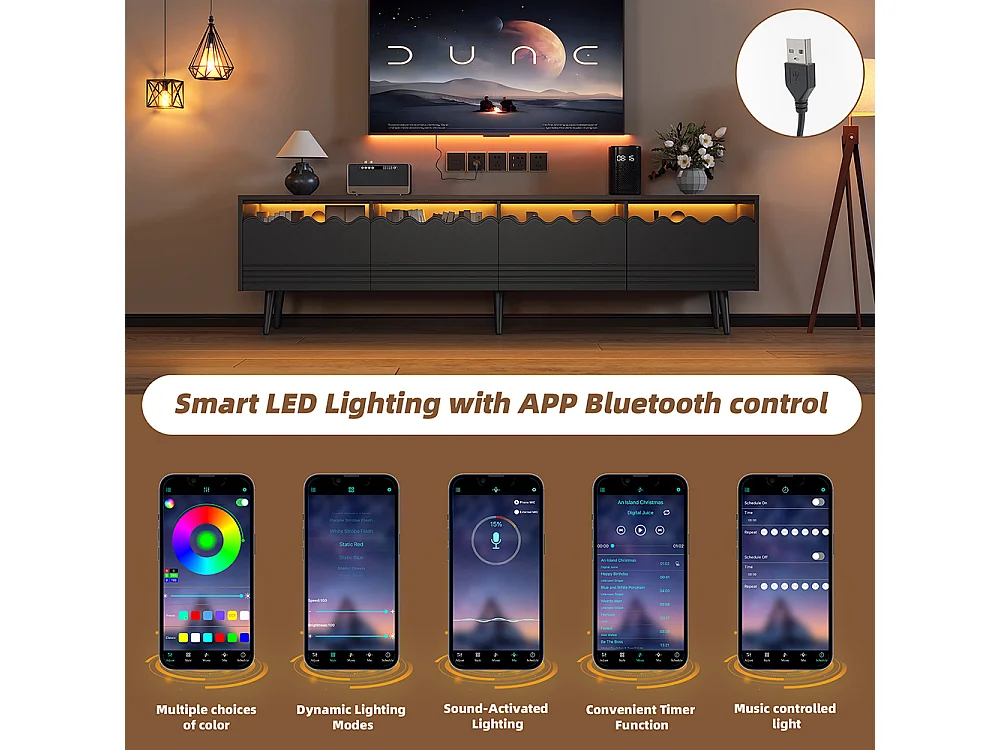 Meuble TV 176x38x45 cm noir 2 armoires 2 tiroirs 6 pieds adapté 75 pouces