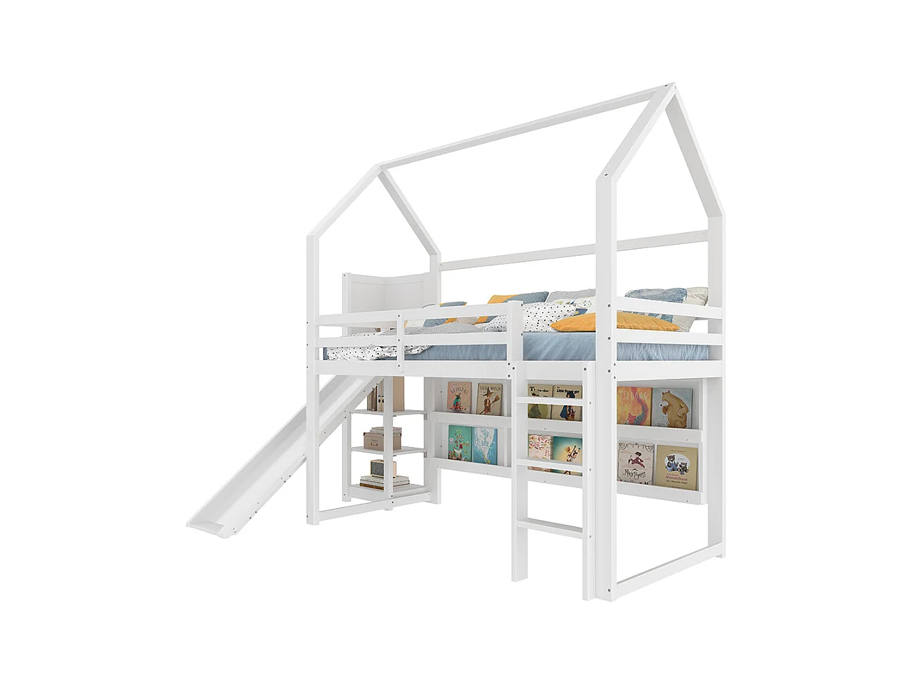 Lit mezzanine 90x200 cm bande LED forme maison étagères barrière sans matelas blanc
