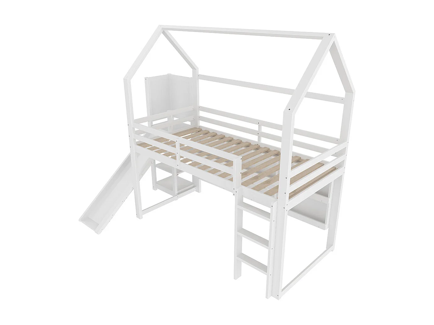 Letto a soppalco 90x200 cm con striscia LED a forma di casa ripiani barriera senza materasso bianco