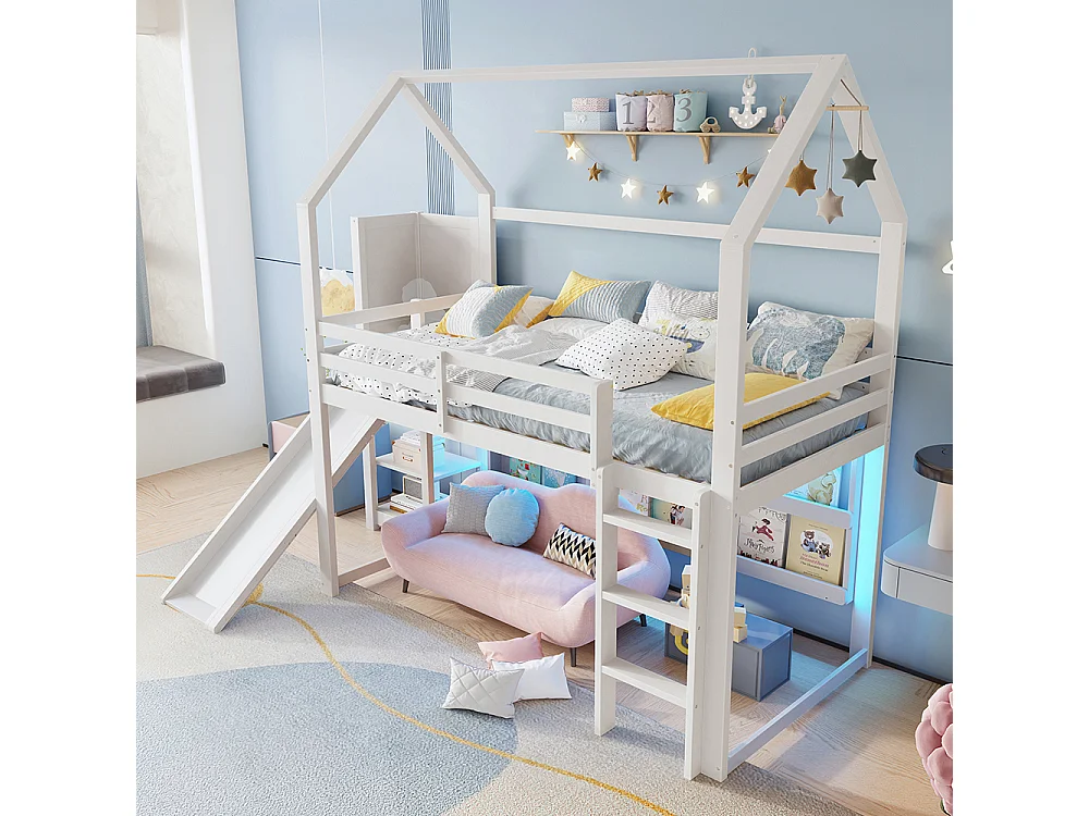 Letto a soppalco 90x200 cm con striscia LED a forma di casa ripiani barriera senza materasso bianco