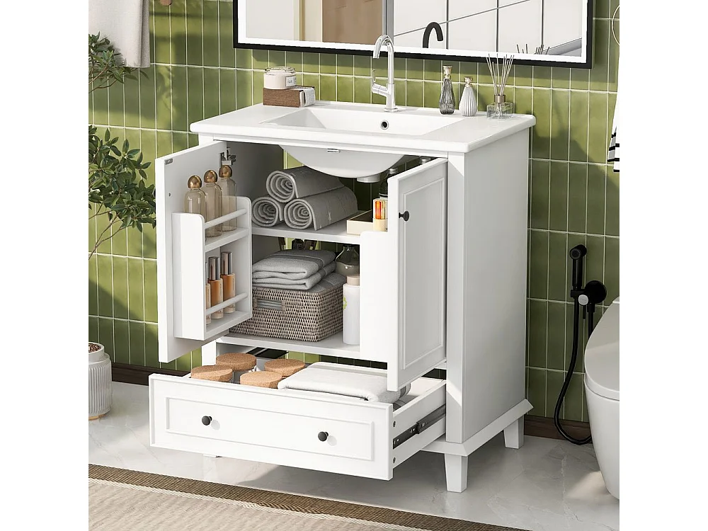 Meuble salle de bain lavabo pieds bois massif MDF hydrofuge grand rangement vasque ceramique integre blanc