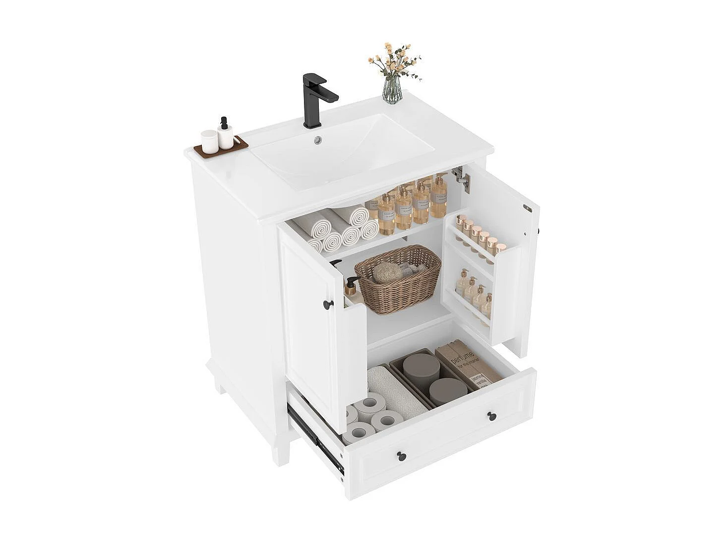 Meuble salle de bain lavabo pieds bois massif MDF hydrofuge grand rangement vasque ceramique integre blanc