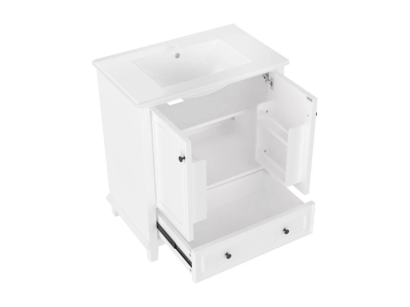 Meuble salle de bain lavabo pieds bois massif MDF hydrofuge grand rangement vasque ceramique integre blanc