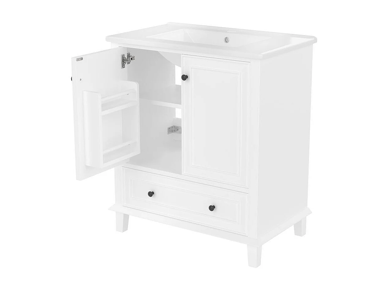 Meuble salle de bain lavabo pieds bois massif MDF hydrofuge grand rangement vasque ceramique integre blanc