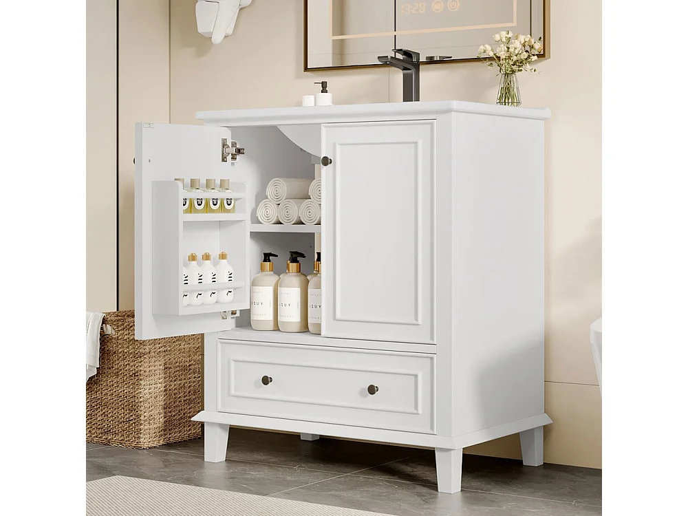 Meuble salle de bain lavabo pieds bois massif MDF hydrofuge grand rangement vasque ceramique integre blanc