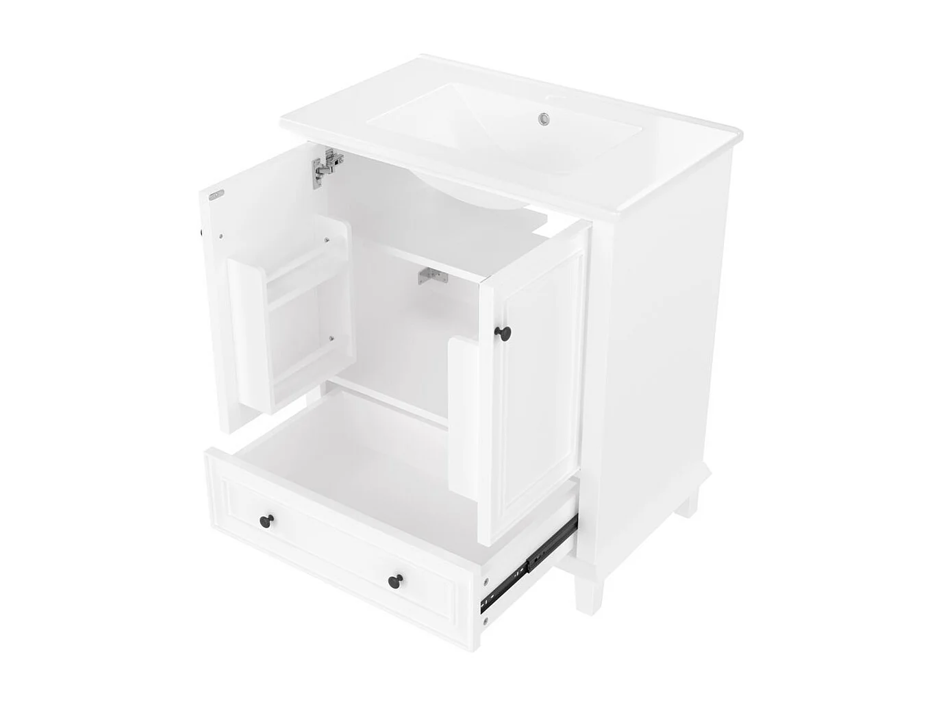 Meuble salle de bain lavabo pieds bois massif MDF hydrofuge grand rangement vasque ceramique integre blanc