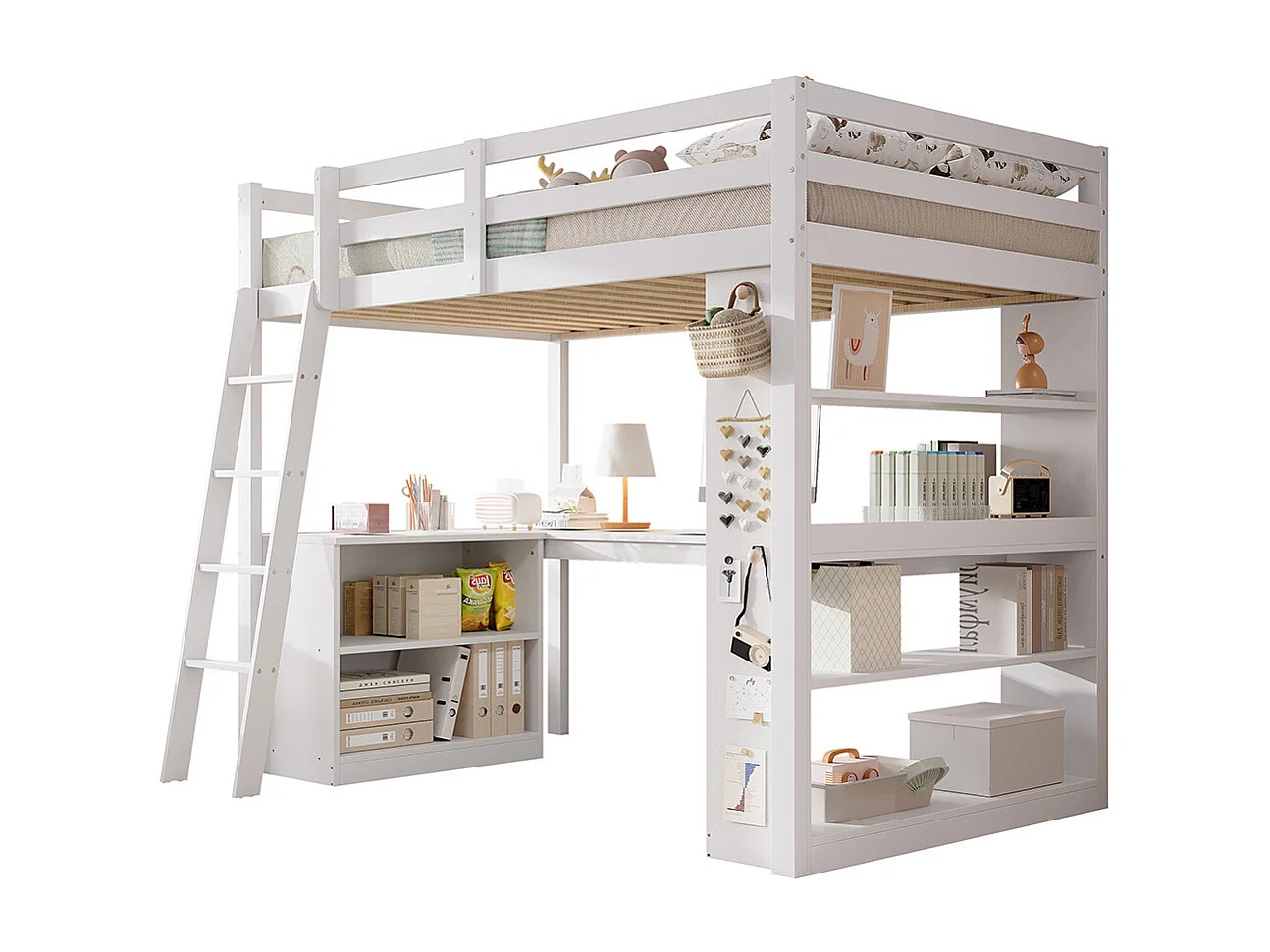 Lit mezzanine enfant 90x200 étagère rangement barrière sécurité tissu feutre échelle inclinée pin panneau aggloméré contreplaqué blanc