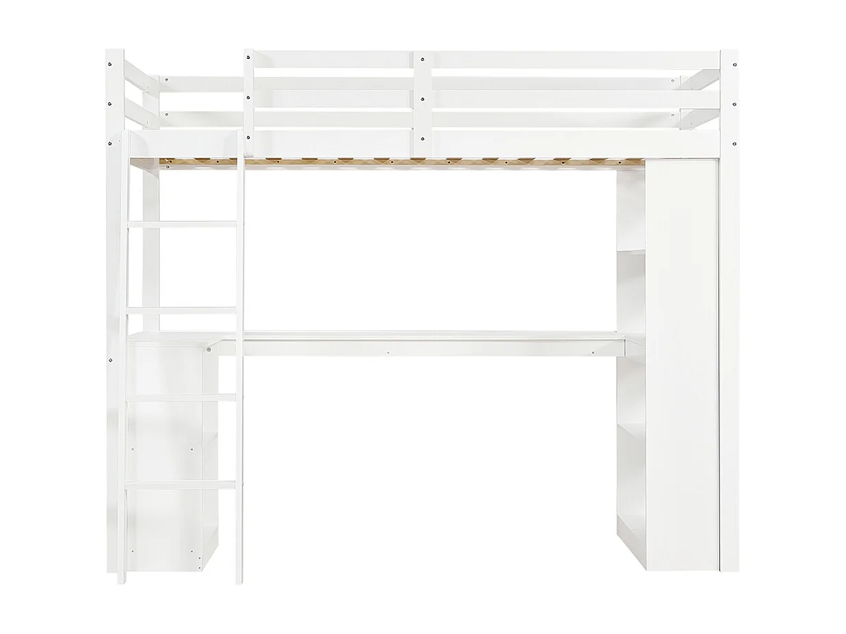 Lit mezzanine enfant 90x200 étagère rangement barrière sécurité tissu feutre échelle inclinée pin panneau aggloméré contreplaqué blanc