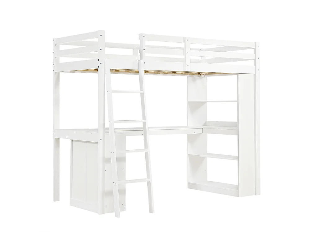Lit mezzanine enfant 90x200 étagère rangement barrière sécurité tissu feutre échelle inclinée pin panneau aggloméré contreplaqué blanc