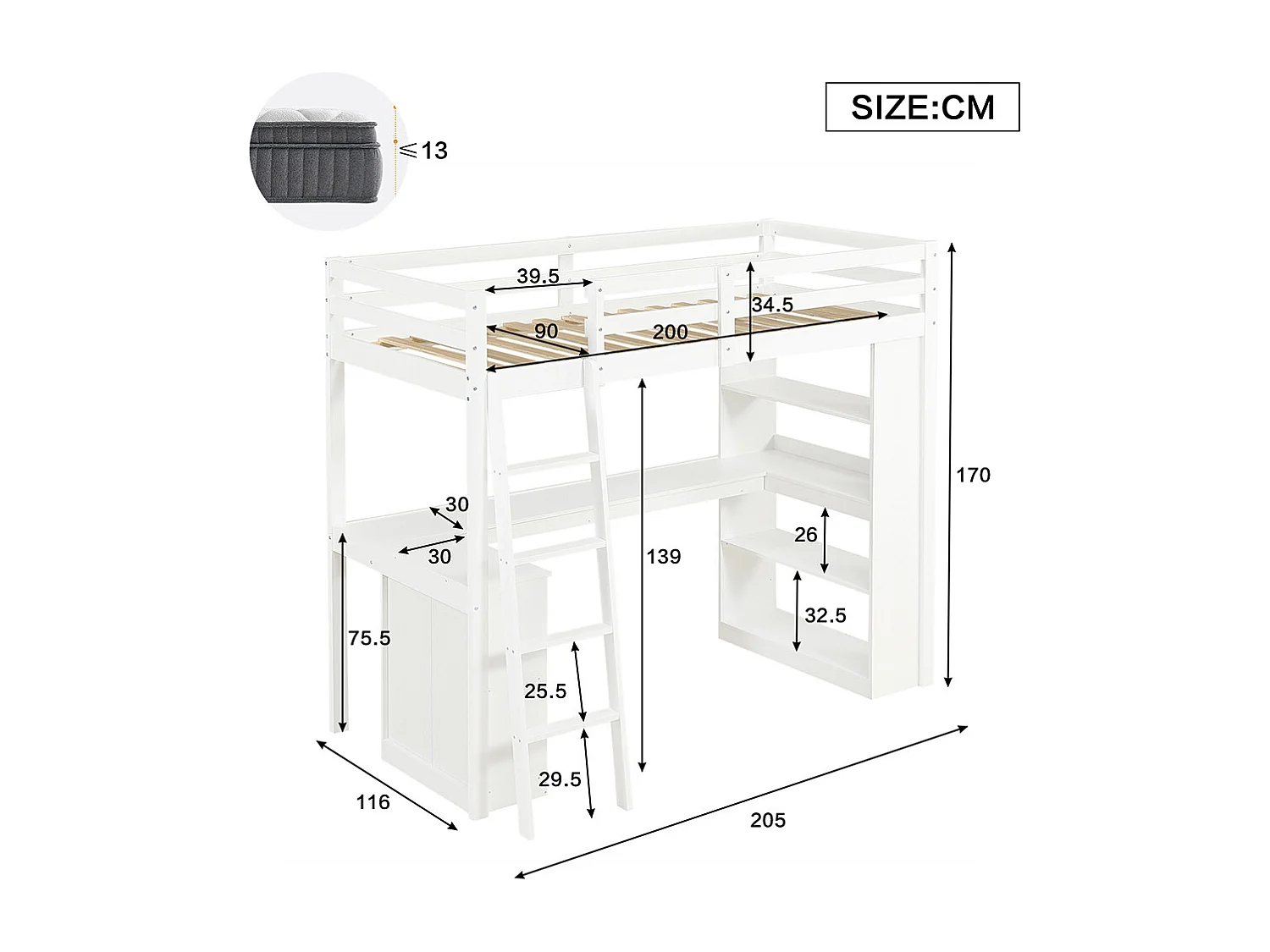 Lit mezzanine enfant 90x200 étagère rangement barrière sécurité tissu feutre échelle inclinée pin panneau aggloméré contreplaqué blanc