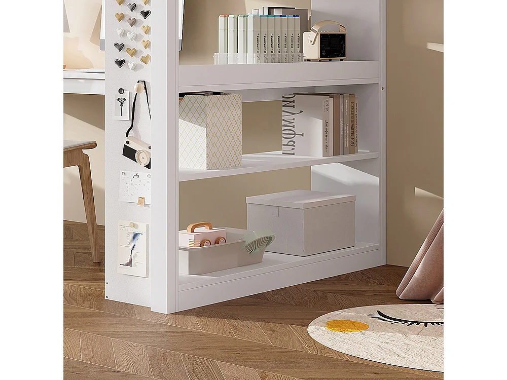 Lit mezzanine enfant 90x200 étagère rangement barrière sécurité tissu feutre échelle inclinée pin panneau aggloméré contreplaqué blanc