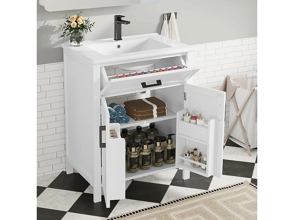 Meuble salle de bain lavabo vasque laque doubles etageres porte tiroirs pratiques etageres reglables vasque ceramique integre blanc