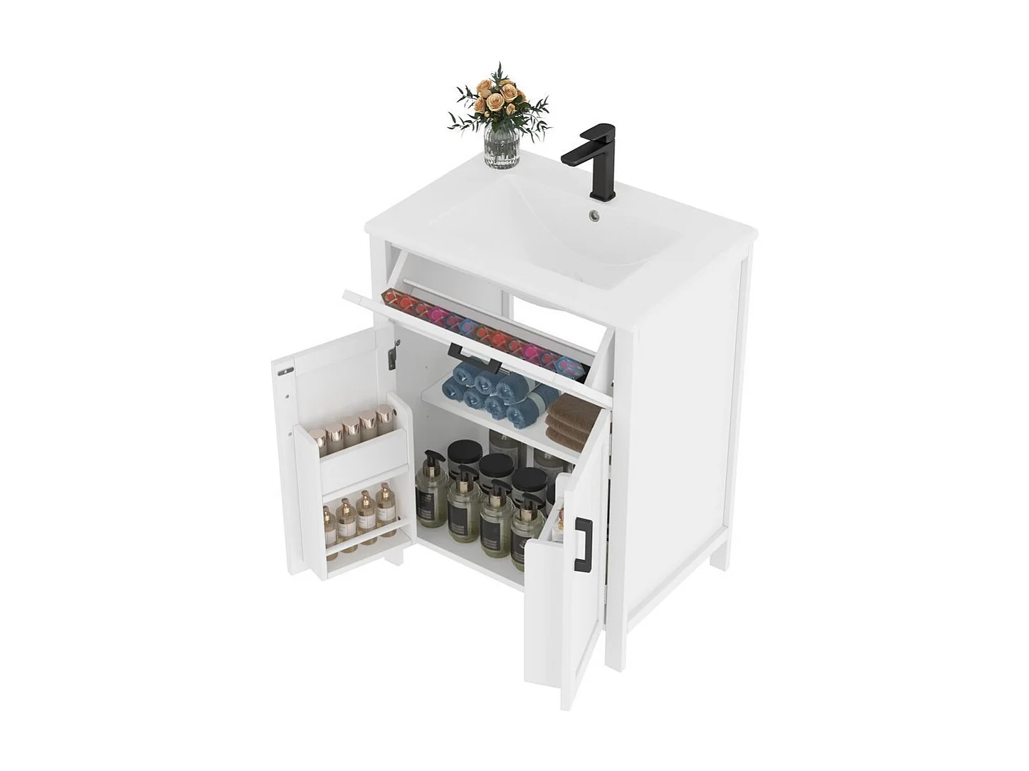 Meuble salle de bain lavabo vasque laque doubles etageres porte tiroirs pratiques etageres reglables vasque ceramique integre blanc