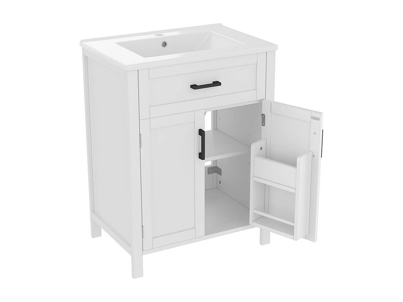 Meuble salle de bain lavabo vasque laque doubles etageres porte tiroirs pratiques etageres reglables vasque ceramique integre blanc