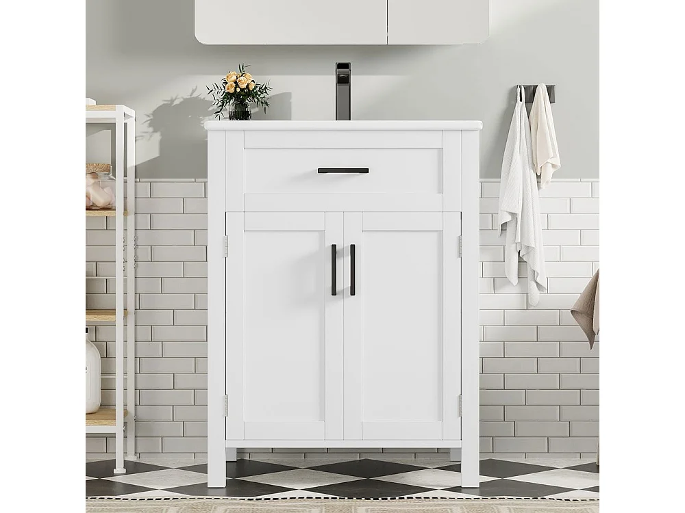 Meuble salle de bain lavabo vasque laque doubles etageres porte tiroirs pratiques etageres reglables vasque ceramique integre blanc