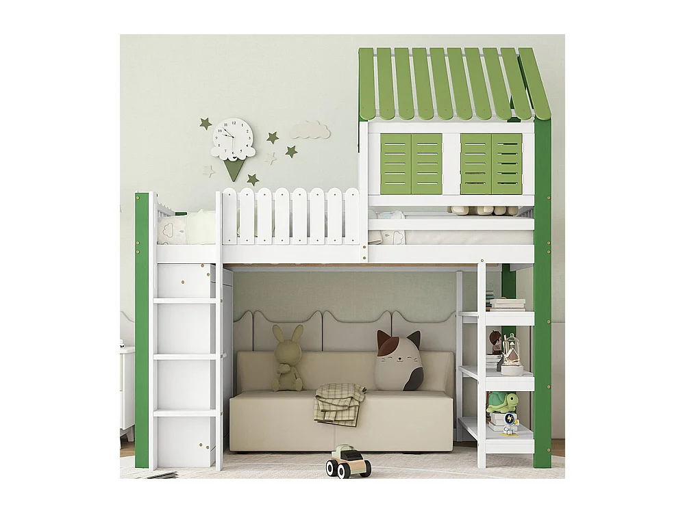 Lit mezzanine 90x200 enfant barrière toit fenêtre armoire étagère échelle 3 marches pin blanc vert