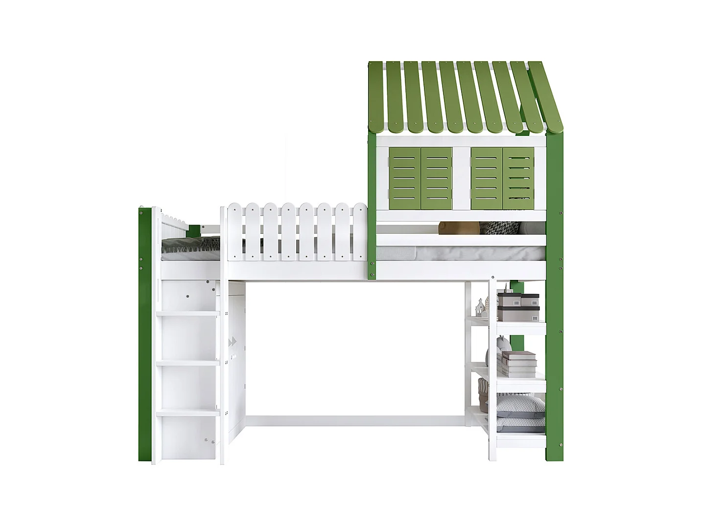 Lit mezzanine 90x200 enfant barrière toit fenêtre armoire étagère échelle 3 marches pin blanc vert