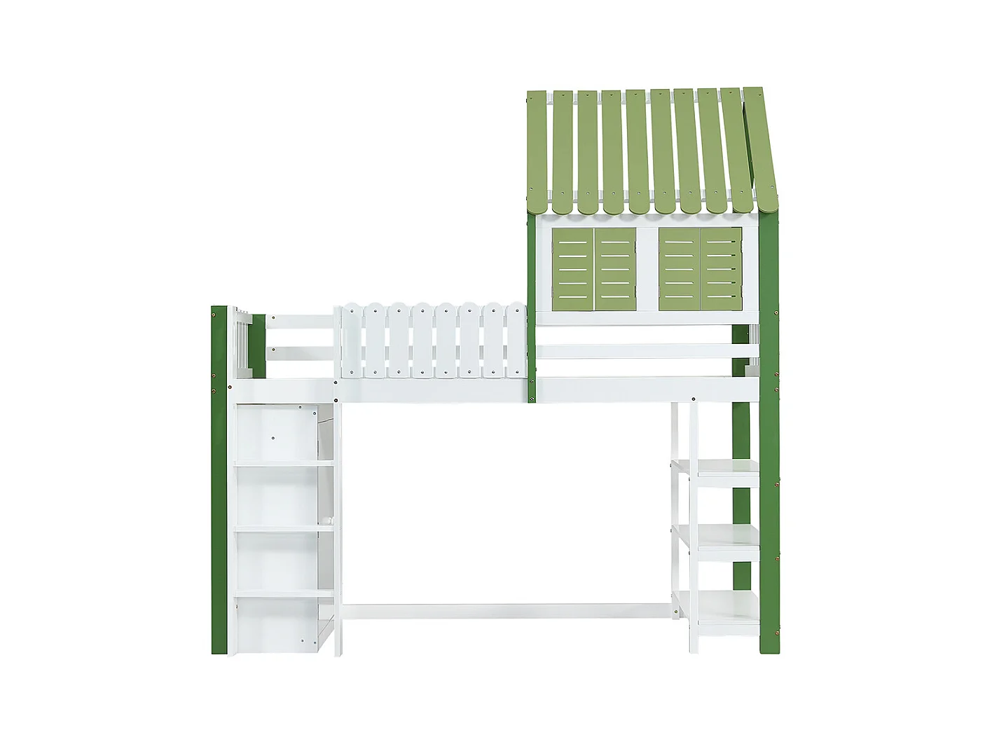 Lit mezzanine 90x200 enfant barrière toit fenêtre armoire étagère échelle 3 marches pin blanc vert