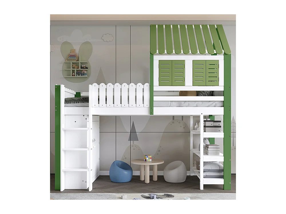 Lit mezzanine 90x200 enfant barrière toit fenêtre armoire étagère échelle 3 marches pin blanc vert