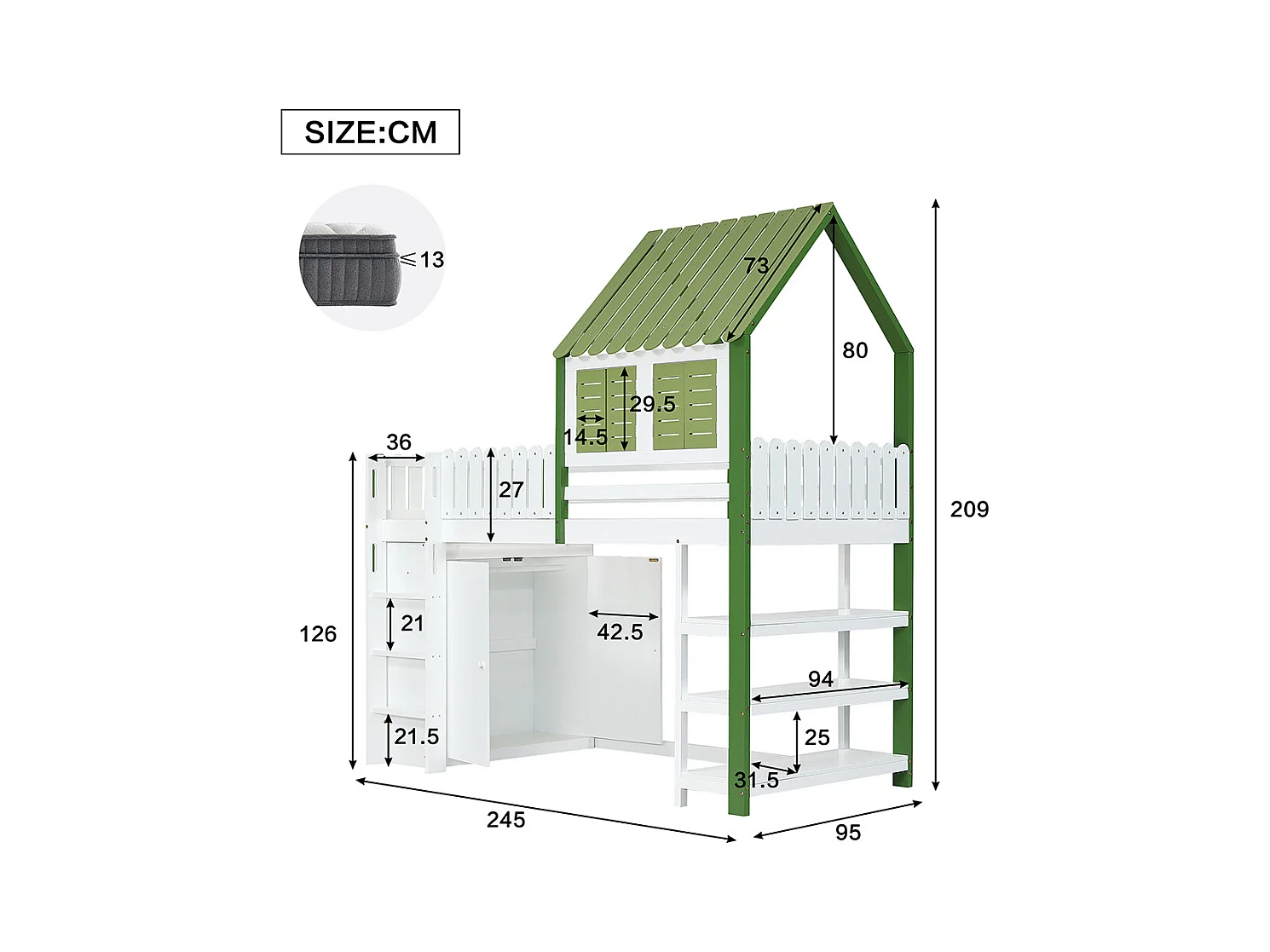 Lit mezzanine 90x200 enfant barrière toit fenêtre armoire étagère échelle 3 marches pin blanc vert