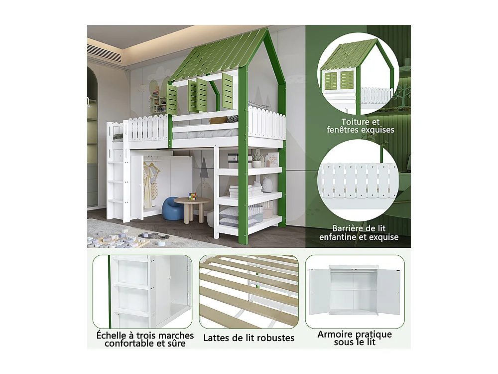 Lit mezzanine 90x200 enfant barrière toit fenêtre armoire étagère échelle 3 marches pin blanc vert