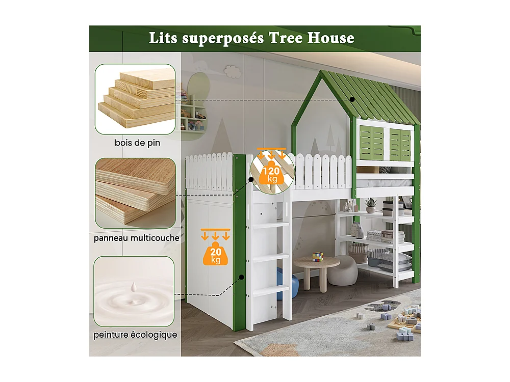 Lit mezzanine 90x200 enfant barrière toit fenêtre armoire étagère échelle 3 marches pin blanc vert