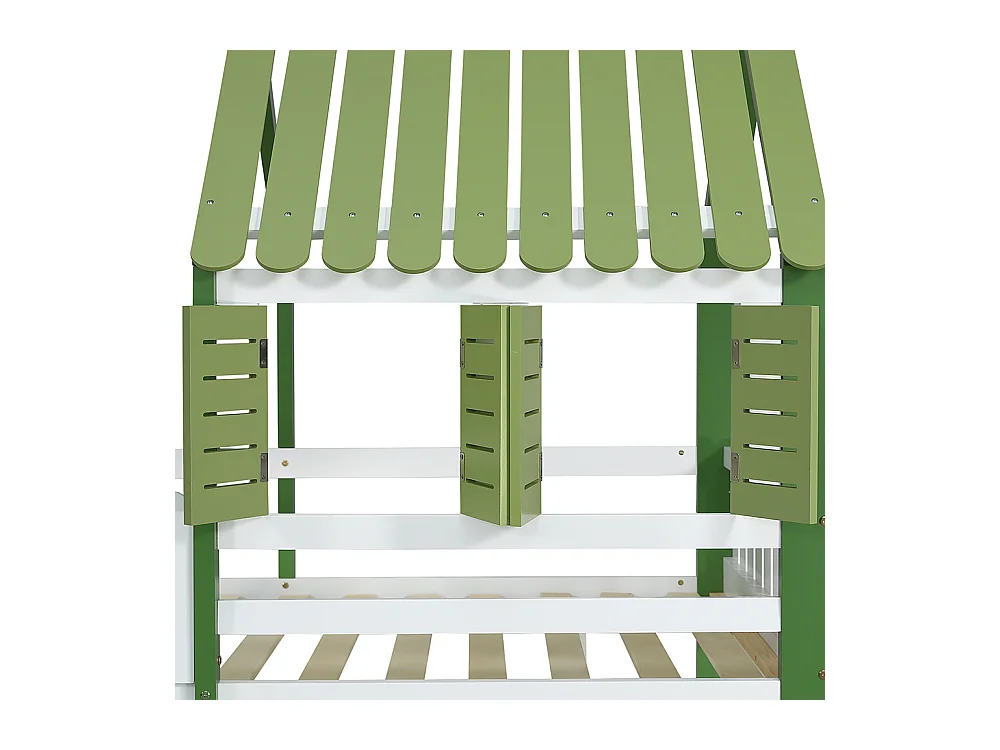 Lit mezzanine 90x200 enfant barrière toit fenêtre armoire étagère échelle 3 marches pin blanc vert