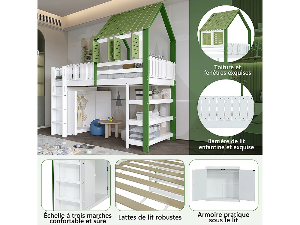 Lit mezzanine 90x200 enfant barrière toit fenêtre armoire étagère échelle 3 marches pin blanc vert
