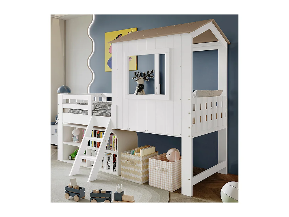 Lit mi-hauteur 90x200 maison avec toit fenêtre barrière quatre côtés escalier espace rangement sous lit pin MDF contreplaqué blanc et naturel