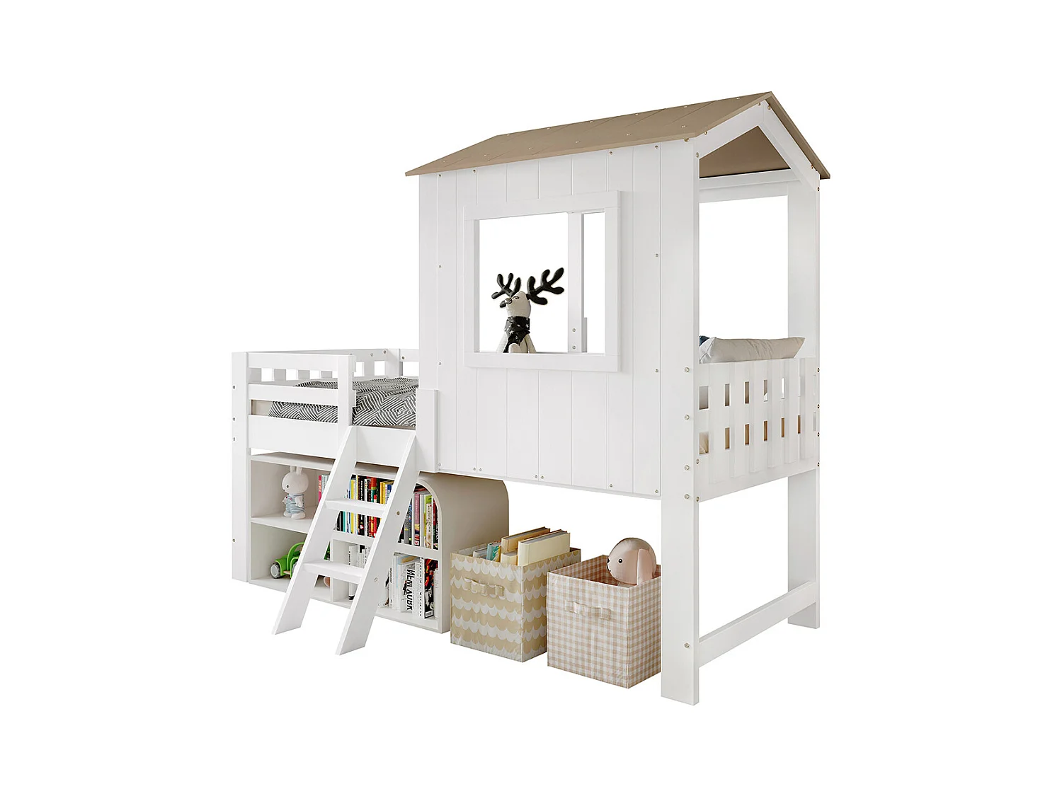 Lit mi-hauteur 90x200 maison avec toit fenêtre barrière quatre côtés escalier espace rangement sous lit pin MDF contreplaqué blanc et naturel