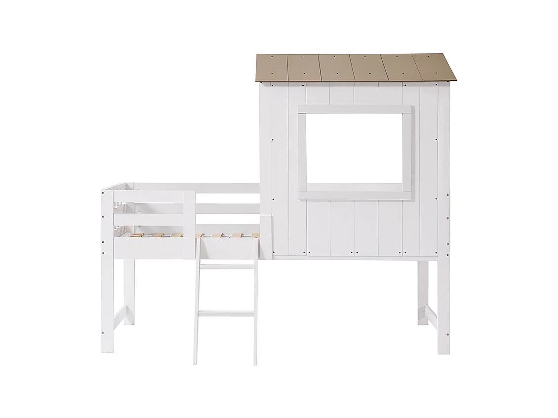 Lit mi-hauteur 90x200 maison avec toit fenêtre barrière quatre côtés escalier espace rangement sous lit pin MDF contreplaqué blanc et naturel