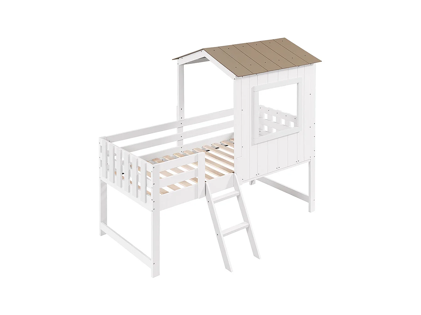 Lit mi-hauteur 90x200 maison avec toit fenêtre barrière quatre côtés escalier espace rangement sous lit pin MDF contreplaqué blanc et naturel