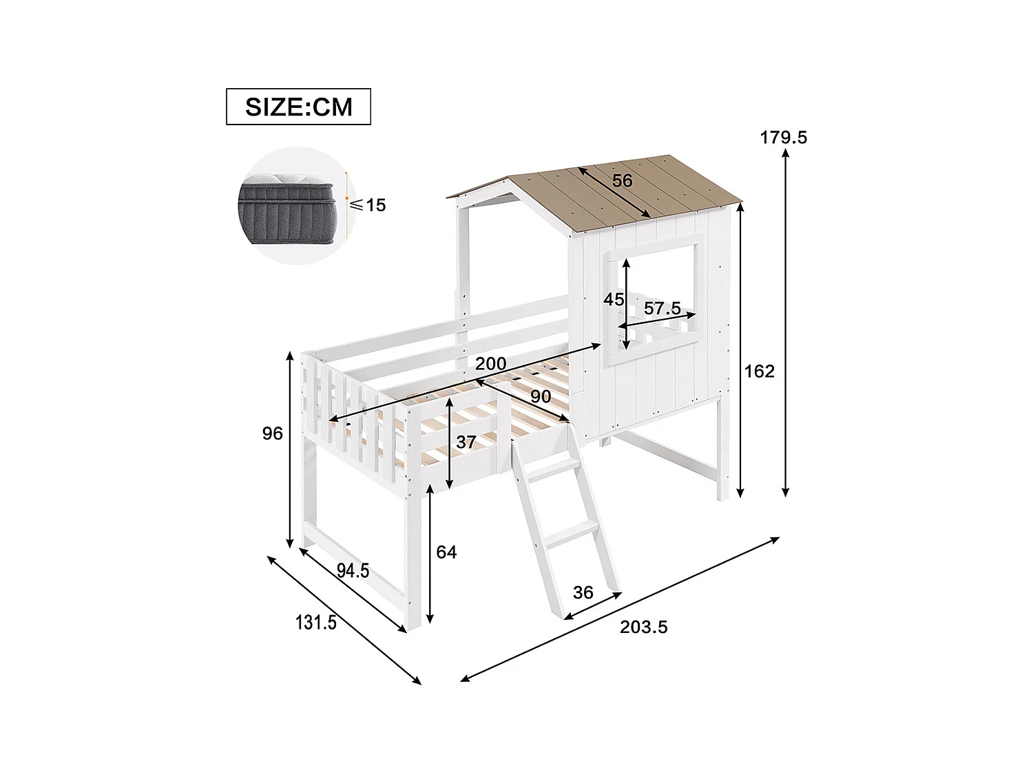 Lit mi-hauteur 90x200 maison avec toit fenêtre barrière quatre côtés escalier espace rangement sous lit pin MDF contreplaqué blanc et naturel