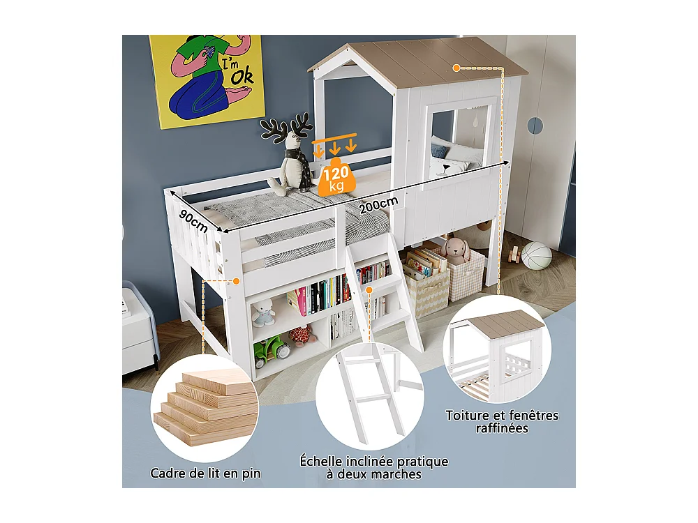 Lit mi-hauteur 90x200 maison avec toit fenêtre barrière quatre côtés escalier espace rangement sous lit pin MDF contreplaqué blanc et naturel