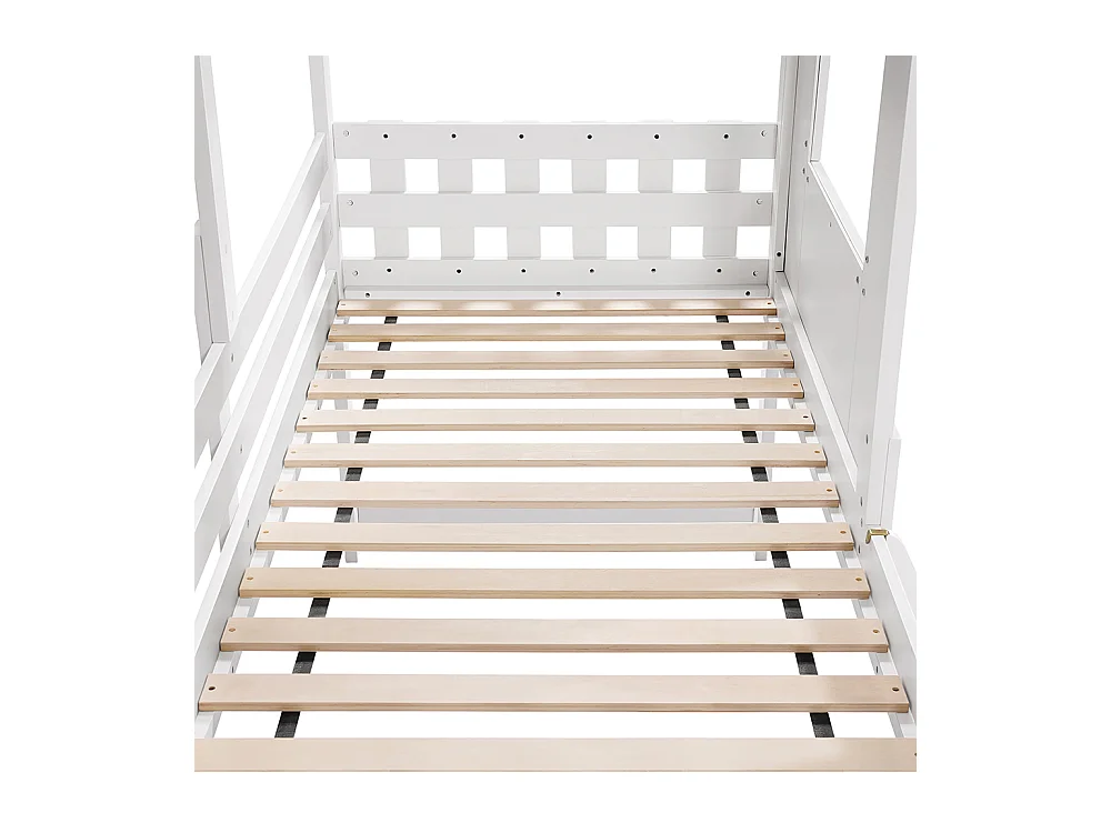 Lit mi-hauteur 90x200 maison avec toit fenêtre barrière quatre côtés escalier espace rangement sous lit pin MDF contreplaqué blanc et naturel