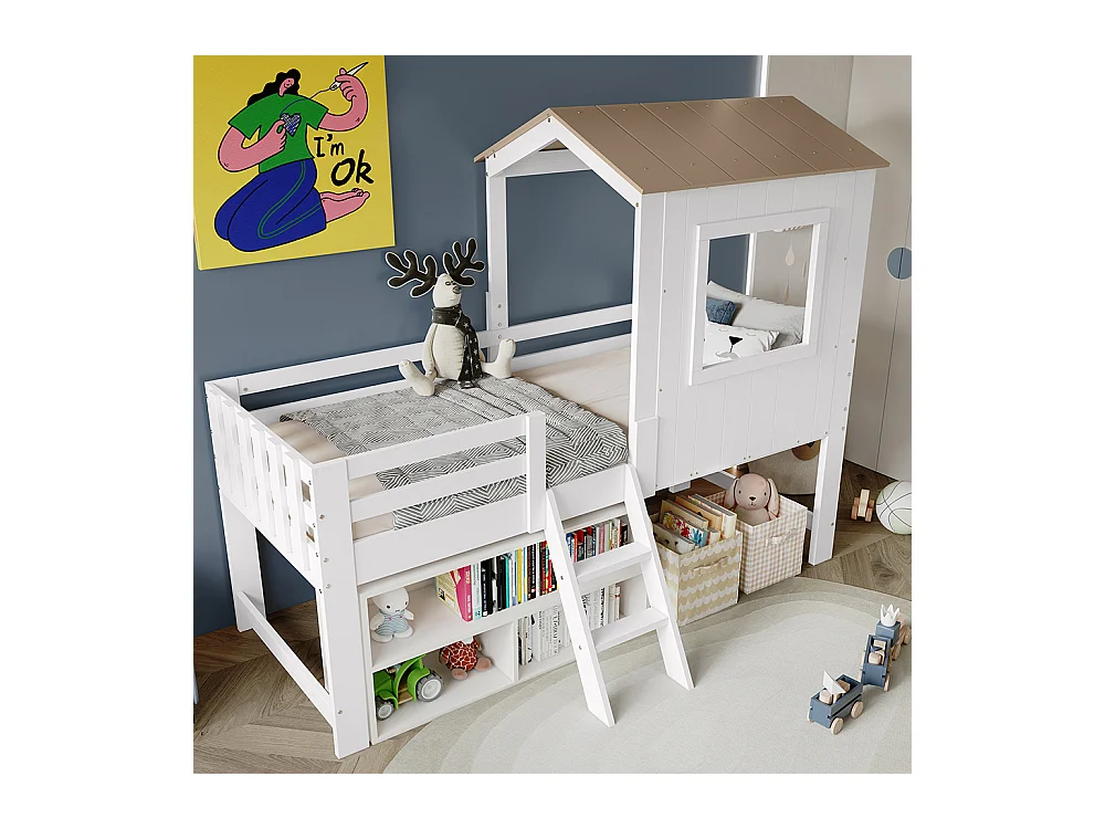 Lit mi-hauteur 90x200 maison avec toit fenêtre barrière quatre côtés escalier espace rangement sous lit pin MDF contreplaqué blanc et naturel