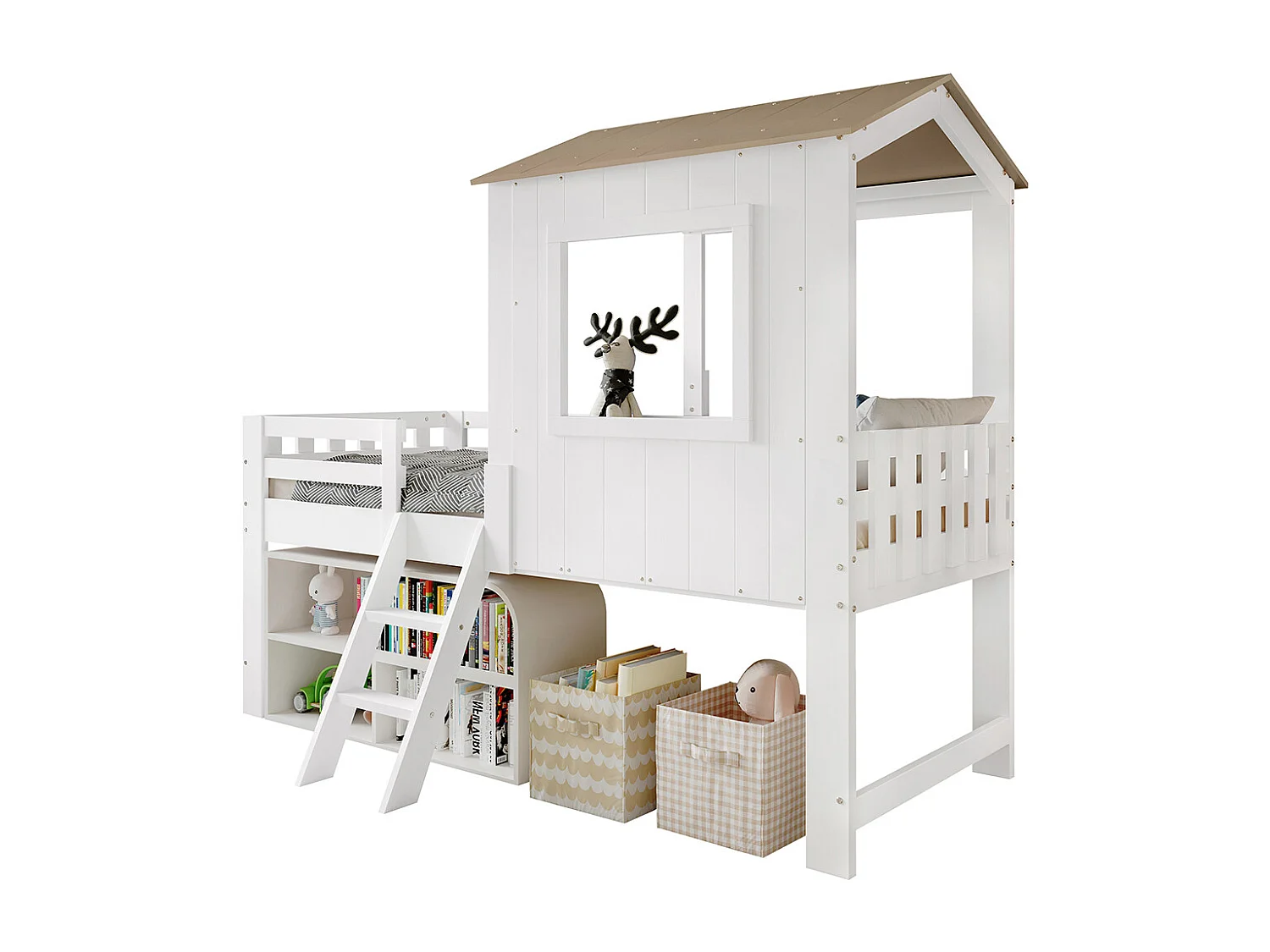 Lit mi-hauteur 90x200 maison avec toit fenêtre barrière quatre côtés escalier espace rangement sous lit pin MDF contreplaqué blanc et naturel