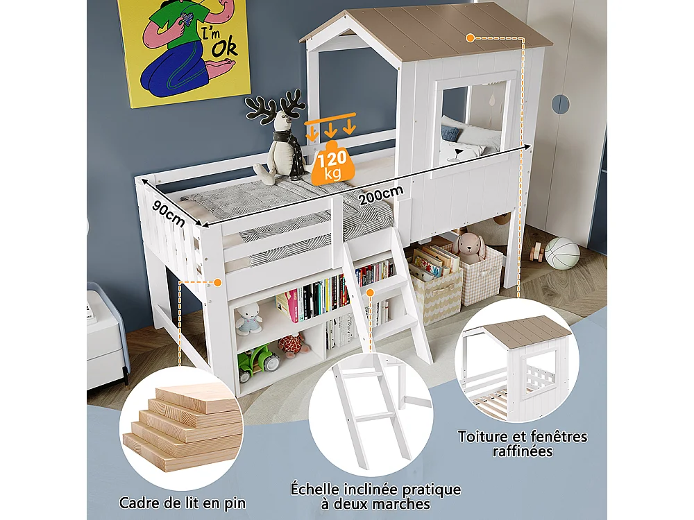 Lit mi-hauteur 90x200 maison avec toit fenêtre barrière quatre côtés escalier espace rangement sous lit pin MDF contreplaqué blanc et naturel