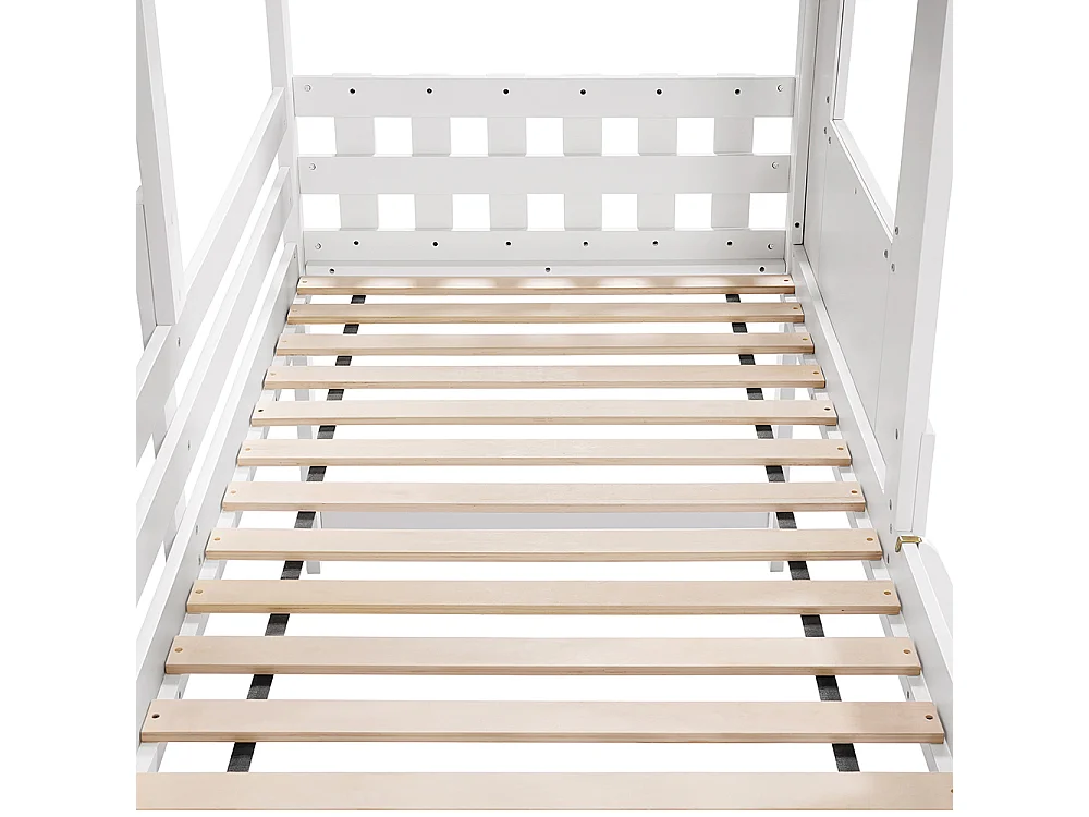 Lit mi-hauteur 90x200 maison avec toit fenêtre barrière quatre côtés escalier espace rangement sous lit pin MDF contreplaqué blanc et naturel