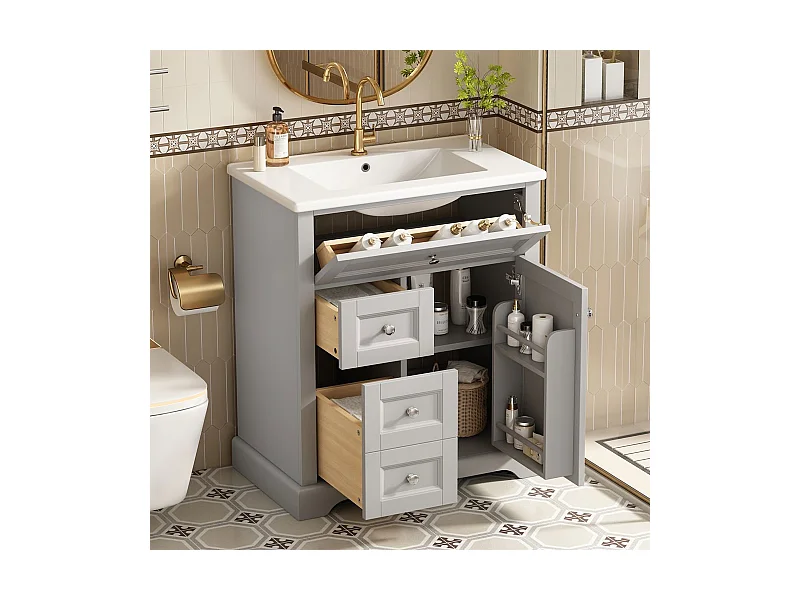 Meuble salle de bain lavabo vasque laque hydrofuge glissieres fermeture douce etageres porte tiroir rabattable surface reglable gris