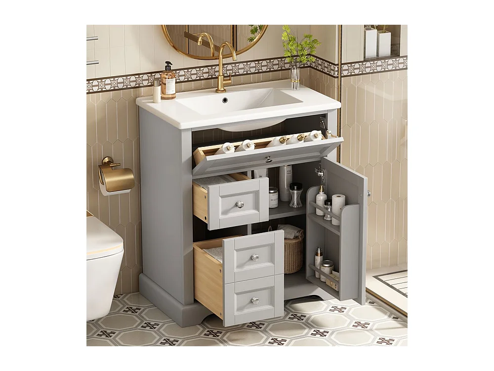 Meuble salle de bain lavabo vasque laque hydrofuge glissieres fermeture douce etageres porte tiroir rabattable surface reglable gris