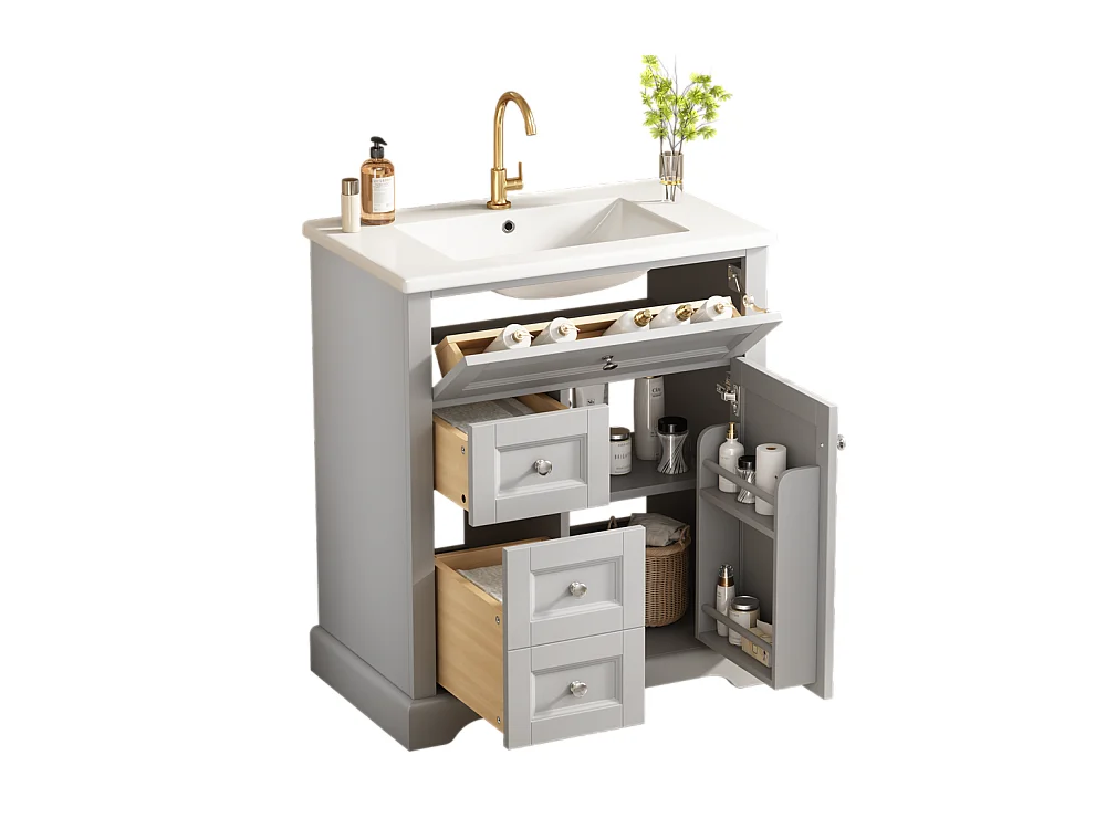 Meuble salle de bain lavabo vasque laque hydrofuge glissieres fermeture douce etageres porte tiroir rabattable surface reglable gris