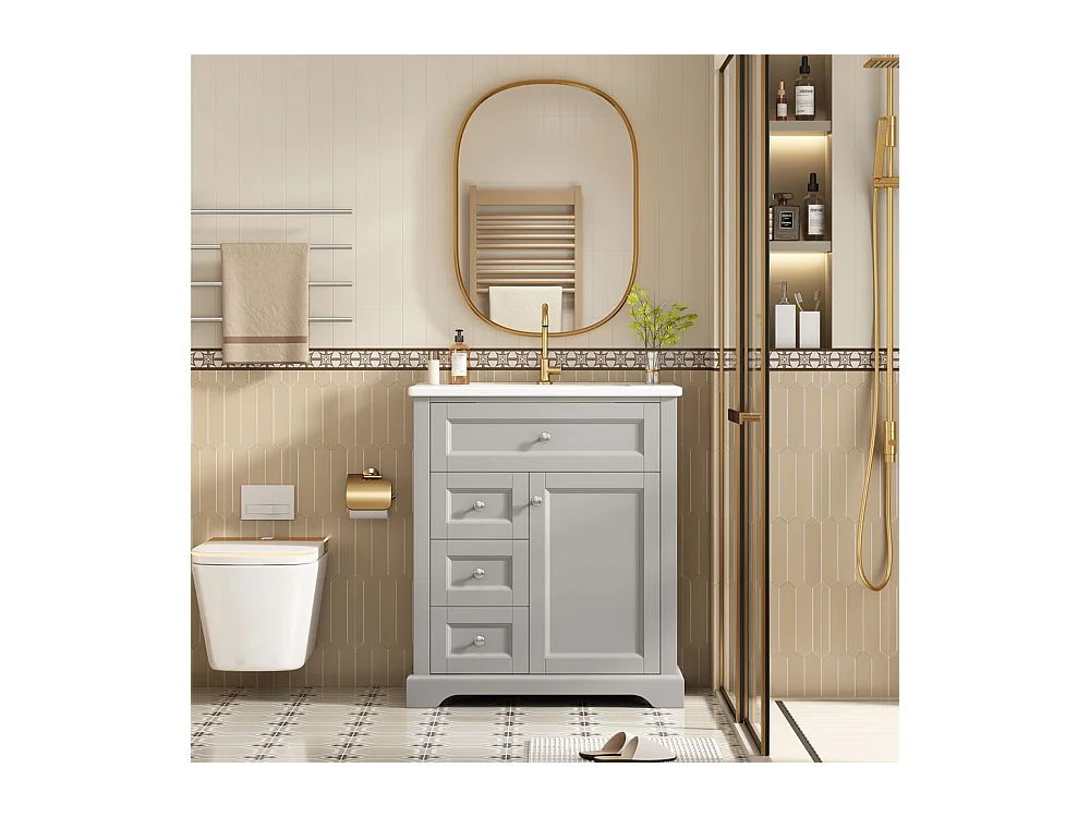 Meuble salle de bain lavabo vasque laque hydrofuge glissieres fermeture douce etageres porte tiroir rabattable surface reglable gris