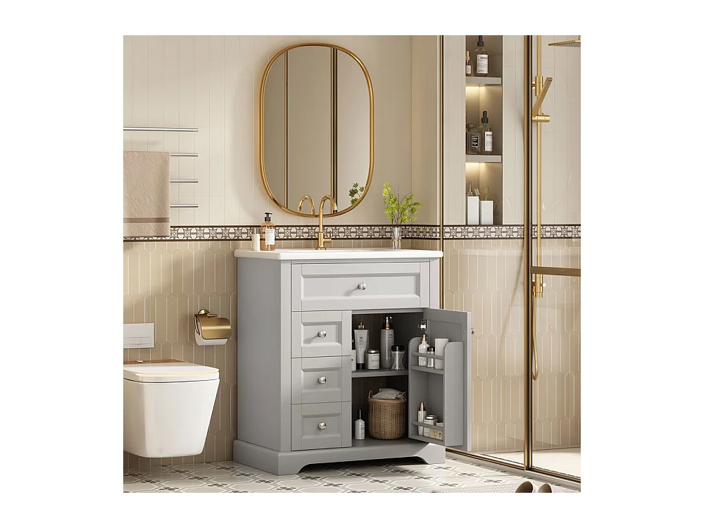 Meuble salle de bain lavabo vasque laque hydrofuge glissieres fermeture douce etageres porte tiroir rabattable surface reglable gris