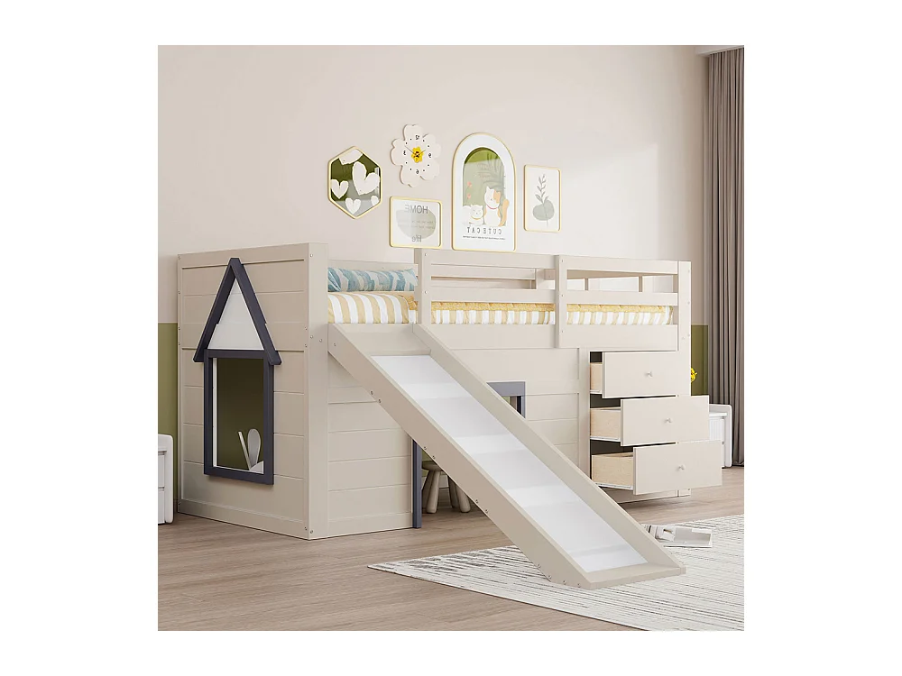 Lit superposé bas mezzanine 90x200 toboggan trois tiroirs deux portes crème