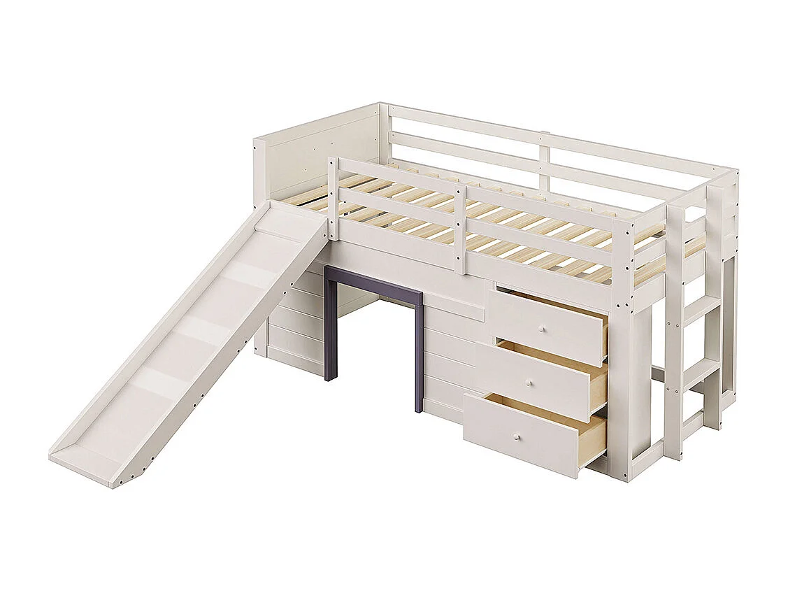 Lit superposé bas mezzanine 90x200 toboggan trois tiroirs deux portes crème