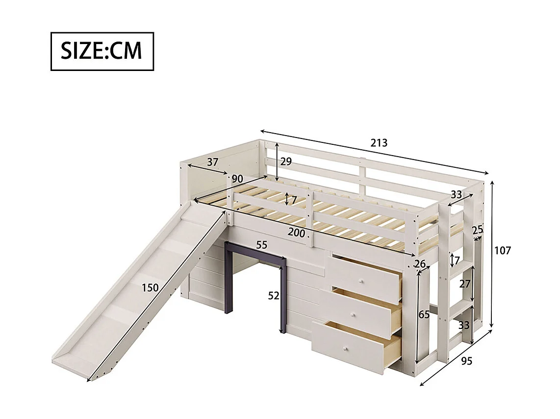 Lit superposé bas mezzanine 90x200 toboggan trois tiroirs deux portes crème