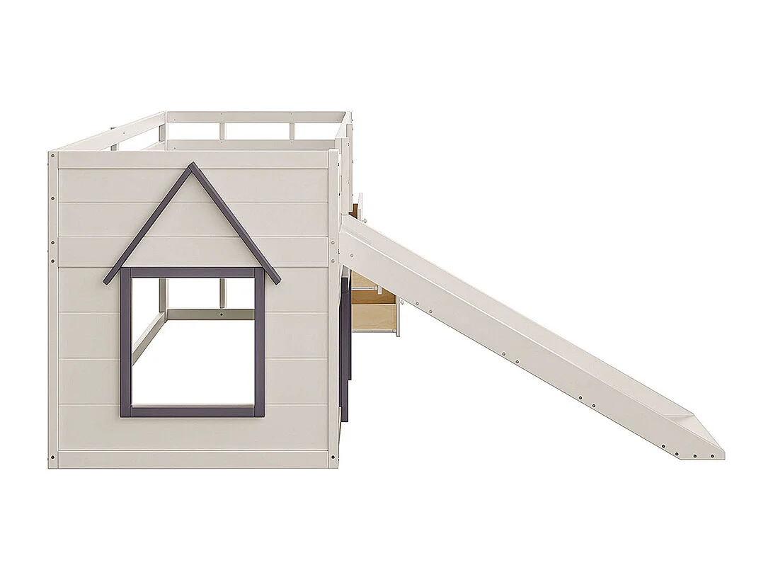 Lit superposé bas mezzanine 90x200 toboggan trois tiroirs deux portes crème