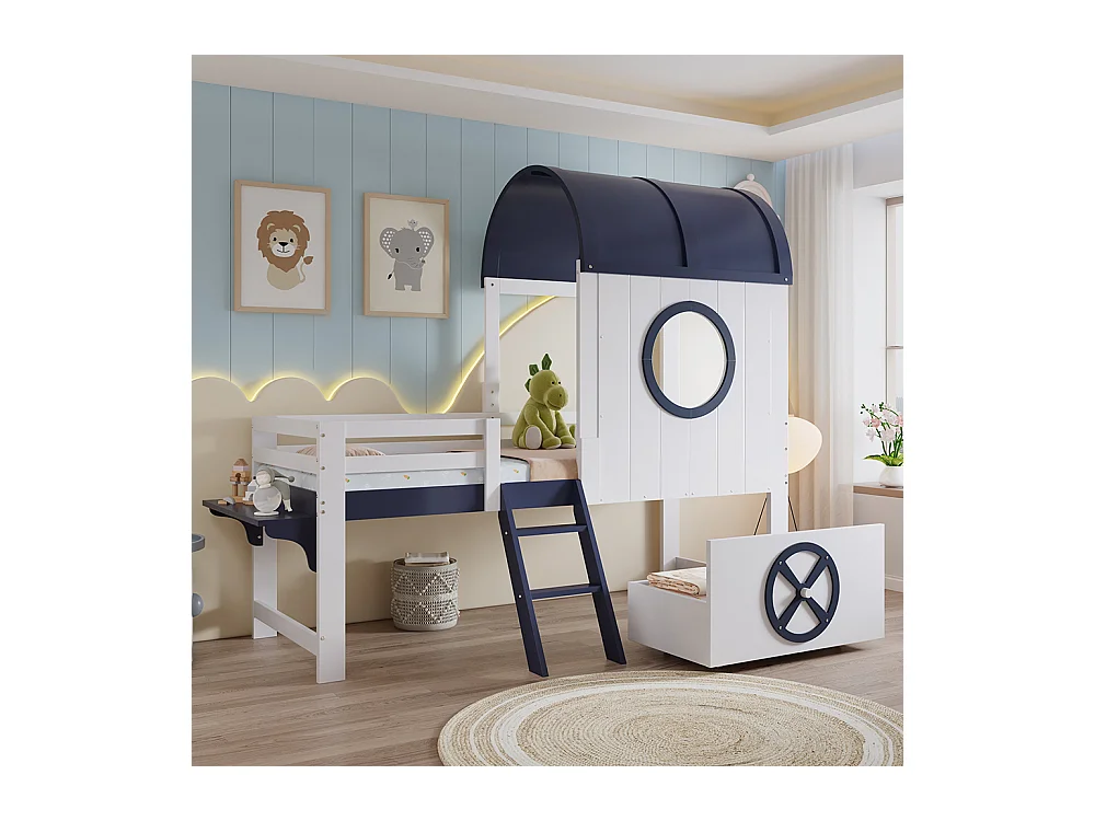 Lit mi-hauteur enfant 90x200 toit fenêtre tiroir roulettes échelle inclinée deux marches pin MDF contreplaqué blanc et bleu foncé