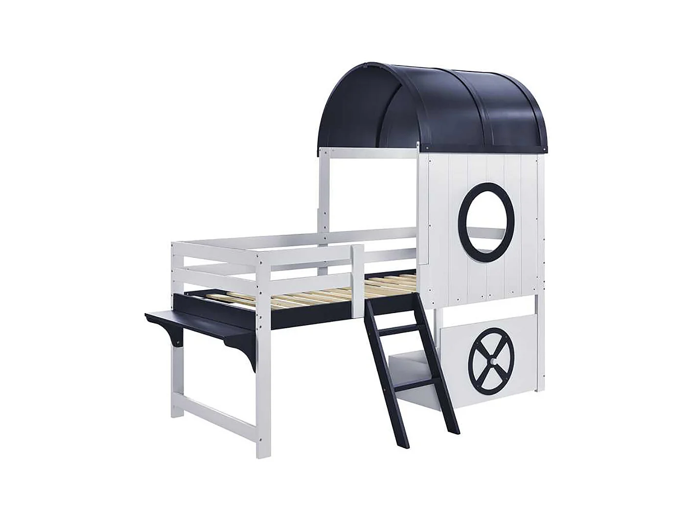 Lit mi-hauteur enfant 90x200 toit fenêtre tiroir roulettes échelle inclinée deux marches pin MDF contreplaqué blanc et bleu foncé